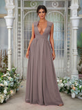 A-Line/Princess Chiffon Ruffles V-neck Sleeveless Floor-Length Bridesmaid Dresses	Evening Prom Dress