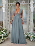 A-Line/Princess Chiffon Ruffles V-neck Sleeveless Floor-Length Bridesmaid Dresses	Evening Prom Dress