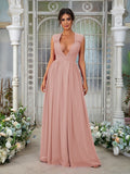 A-Line/Princess Chiffon Ruffles V-neck Sleeveless Floor-Length Bridesmaid Dresses	Evening Prom Dress
