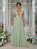 A-Line/Princess Chiffon Ruffles V-neck Sleeveless Floor-Length Bridesmaid Dresses	Evening Prom Dress