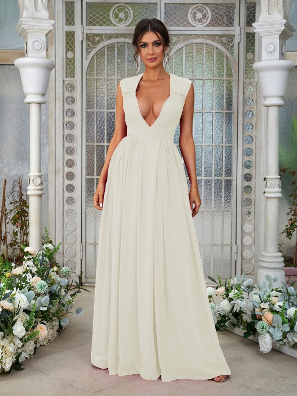 A-Line/Princess Chiffon Ruffles V-neck Sleeveless Floor-Length Bridesmaid Dresses	Evening Prom Dress