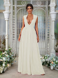 A-Line/Princess Chiffon Ruffles V-neck Sleeveless Floor-Length Bridesmaid Dresses	Evening Prom Dress