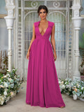 A-Line/Princess Chiffon Ruffles V-neck Sleeveless Floor-Length Bridesmaid Dresses	Evening Prom Dress