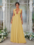 A-Line/Princess Chiffon Ruffles V-neck Sleeveless Floor-Length Bridesmaid Dresses	Evening Prom Dress
