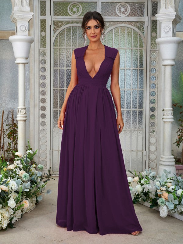 A-Line/Princess Chiffon Ruffles V-neck Sleeveless Floor-Length Bridesmaid Dresses	Evening Prom Dress