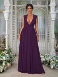 A-Line/Princess Chiffon Ruffles V-neck Sleeveless Floor-Length Bridesmaid Dresses	Evening Prom Dress