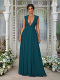 A-Line/Princess Chiffon Ruffles V-neck Sleeveless Floor-Length Bridesmaid Dresses	Evening Prom Dress