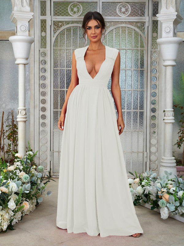 A-Line/Princess Chiffon Ruffles V-neck Sleeveless Floor-Length Bridesmaid Dresses	Evening Prom Dress