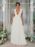 A-Line/Princess Chiffon Ruffles V-neck Sleeveless Floor-Length Bridesmaid Dresses	Evening Prom Dress