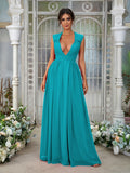 A-Line/Princess Chiffon Ruffles V-neck Sleeveless Floor-Length Bridesmaid Dresses	Evening Prom Dress