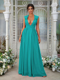 A-Line/Princess Chiffon Ruffles V-neck Sleeveless Floor-Length Bridesmaid Dresses	Evening Prom Dress