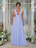 A-Line/Princess Chiffon Ruffles V-neck Sleeveless Floor-Length Bridesmaid Dresses	Evening Prom Dress