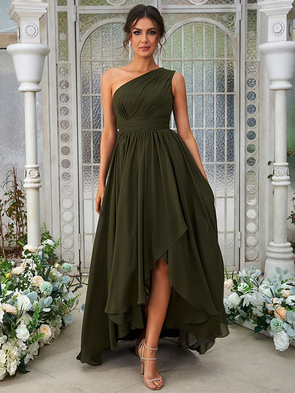 A-Line/Princess Chiffon Ruffles One-Shoulder Sleeveless Asymmetrical Bridesmaid Dresses Evening Prom Dress
