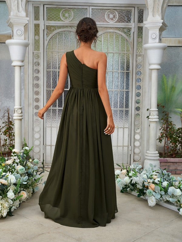 A-Line/Princess Chiffon Ruffles One-Shoulder Sleeveless Asymmetrical Bridesmaid Dresses Evening Prom Dress