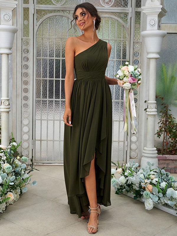 A-Line/Princess Chiffon Ruffles One-Shoulder Sleeveless Asymmetrical Bridesmaid Dresses Evening Prom Dress