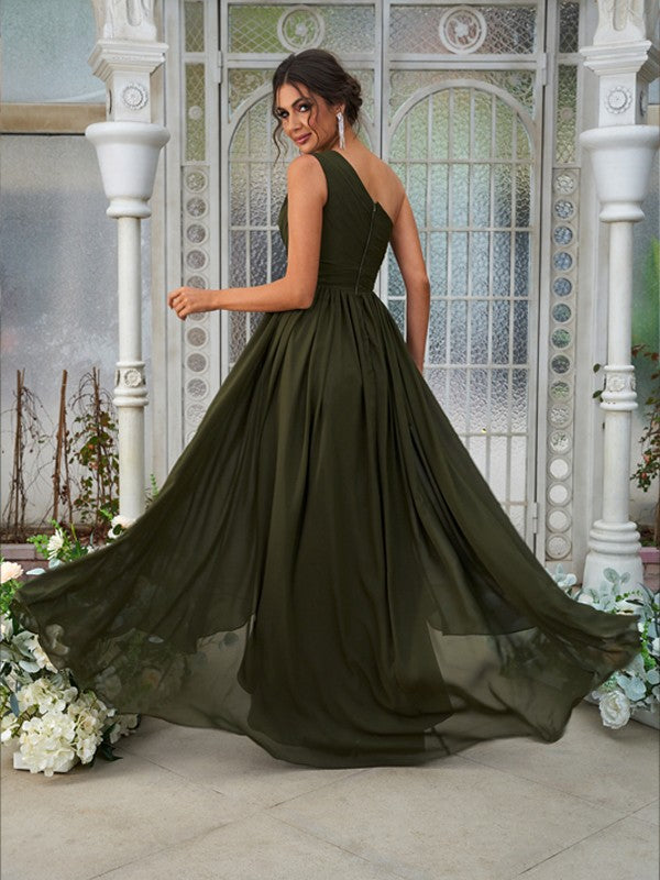 A-Line/Princess Chiffon Ruffles One-Shoulder Sleeveless Asymmetrical Bridesmaid Dresses Evening Prom Dress