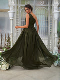 A-Line/Princess Chiffon Ruffles One-Shoulder Sleeveless Asymmetrical Bridesmaid Dresses Evening Prom Dress