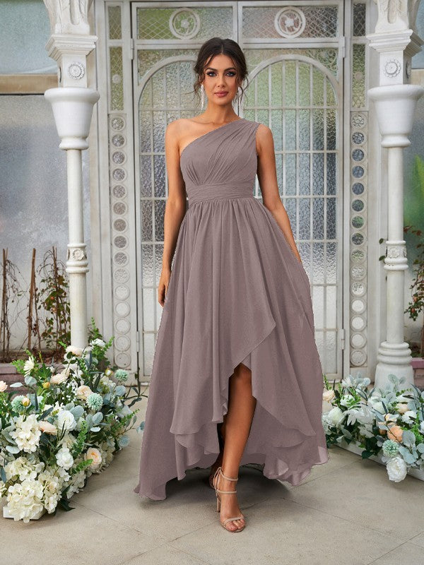 A-Line/Princess Chiffon Ruffles One-Shoulder Sleeveless Asymmetrical Bridesmaid Dresses Evening Prom Dress