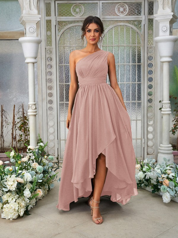 A-Line/Princess Chiffon Ruffles One-Shoulder Sleeveless Asymmetrical Bridesmaid Dresses Evening Prom Dress