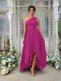 A-Line/Princess Chiffon Ruffles One-Shoulder Sleeveless Asymmetrical Bridesmaid Dresses Evening Prom Dress