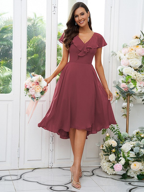 Vestido de dama de honor asimétrico de corte A/princesa, de gasa, con volantes, escote en V y mangas cortas, ideal para invitadas de boda y graduación.