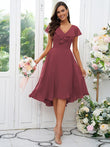 Vestido de dama de honor asimétrico de corte A/princesa, de gasa, con volantes, escote en V y mangas cortas, ideal para invitadas de boda y graduación.
