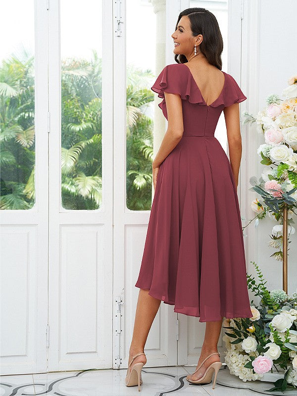 Vestido de dama de honor asimétrico de corte A/princesa, de gasa, con volantes, escote en V y mangas cortas, ideal para invitadas de boda y graduación.