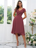 Vestido de dama de honor asimétrico de corte A/princesa, de gasa, con volantes, escote en V y mangas cortas, ideal para invitadas de boda y graduación.