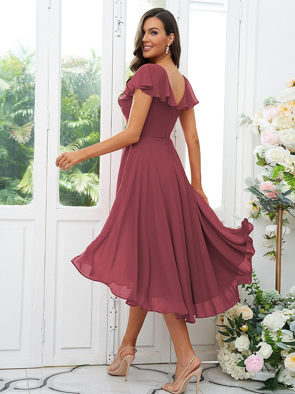 Vestido de dama de honor asimétrico de corte A/princesa, de gasa, con volantes, escote en V y mangas cortas, ideal para invitadas de boda y graduación.
