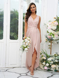 A-Line/Princess Charmeuse Ruched V-neck Sleeveless Sweep/Brush Train Bridesmaid Dresses Evening Dress