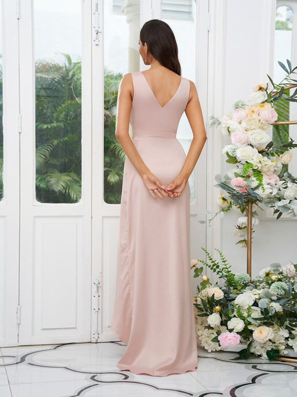 A-Line/Princess Charmeuse Ruched V-neck Sleeveless Sweep/Brush Train Bridesmaid Dresses Evening Dress
