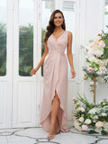 A-Line/Princess Charmeuse Ruched V-neck Sleeveless Sweep/Brush Train Bridesmaid Dresses Evening Dress