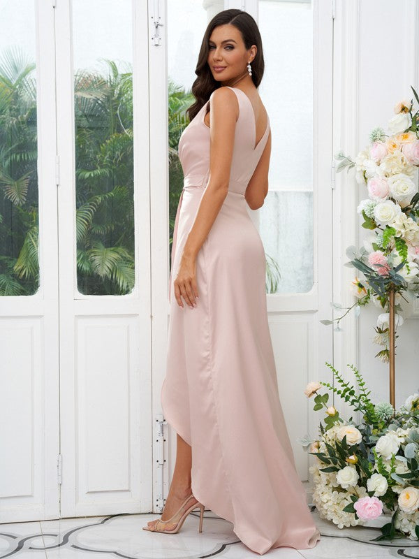 A-Line/Princess Charmeuse Ruched V-neck Sleeveless Sweep/Brush Train Bridesmaid Dresses Evening Dress