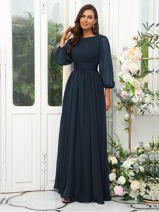 A-Line/Princess 30D Chiffon Ruffles Scoop Long Sleeves Floor-Length Bridesmaid Dresses Mother of the Bride Dress