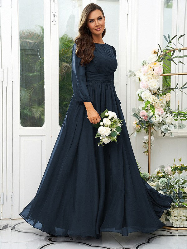 A-Line/Princess 30D Chiffon Ruffles Scoop Long Sleeves Floor-Length Bridesmaid Dresses Mother of the Bride Dress