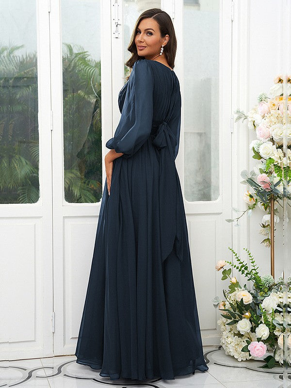 A-Line/Princess 30D Chiffon Ruffles Scoop Long Sleeves Floor-Length Bridesmaid Dresses Mother of the Bride Dress