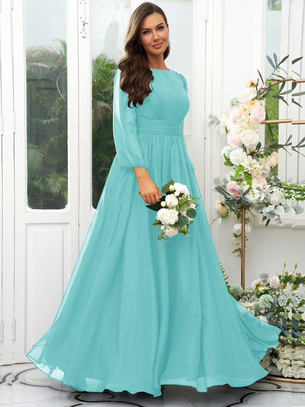 A-Line/Princess 30D Chiffon Ruffles Scoop Long Sleeves Floor-Length Bridesmaid Dresses Mother of the Bride Dress
