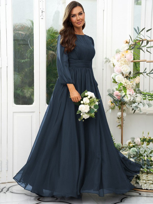 A-Line/Princess 30D Chiffon Ruffles Scoop Long Sleeves Floor-Length Bridesmaid Dresses Mother of the Bride Dress