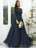 A-Line/Princess 30D Chiffon Ruffles Scoop Long Sleeves Floor-Length Bridesmaid Dresses Mother of the Bride Dress