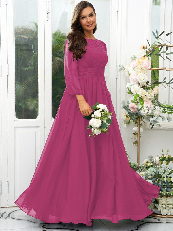 A-Line/Princess 30D Chiffon Ruffles Scoop Long Sleeves Floor-Length Bridesmaid Dresses Mother of the Bride Dress