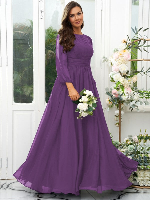 A-Line/Princess 30D Chiffon Ruffles Scoop Long Sleeves Floor-Length Bridesmaid Dresses Mother of the Bride Dress