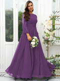 A-Line/Princess 30D Chiffon Ruffles Scoop Long Sleeves Floor-Length Bridesmaid Dresses Mother of the Bride Dress