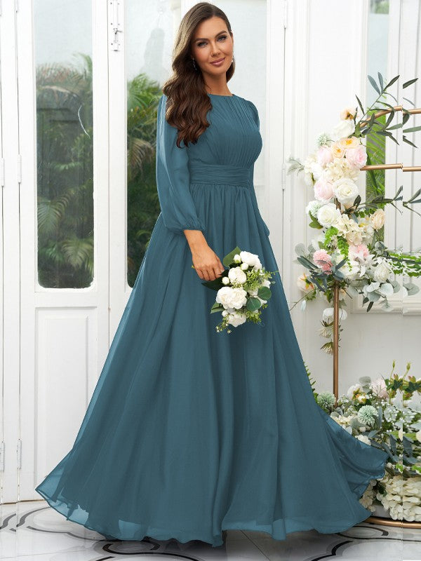 A-Line/Princess 30D Chiffon Ruffles Scoop Long Sleeves Floor-Length Bridesmaid Dresses Mother of the Bride Dress