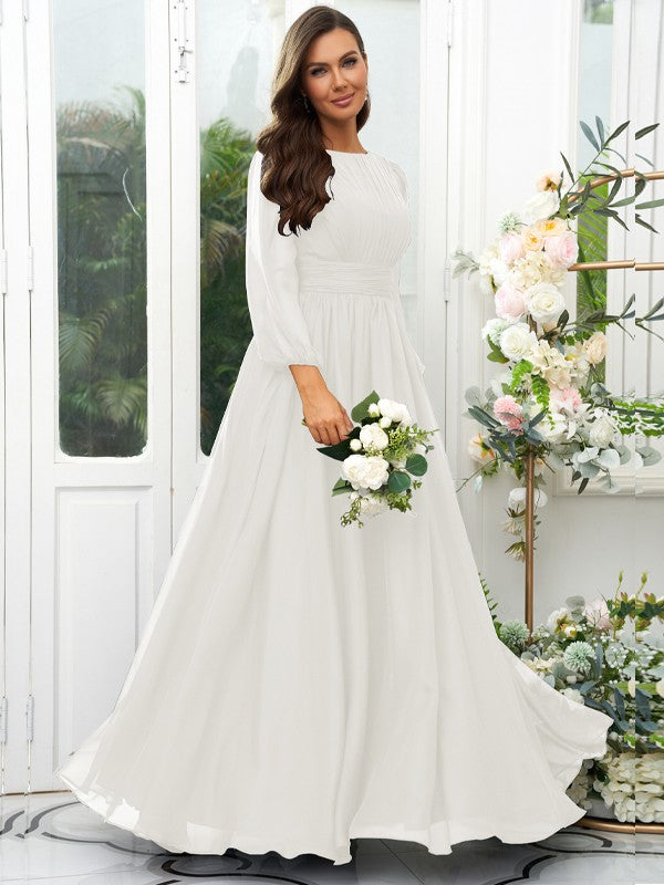 A-Line/Princess 30D Chiffon Ruffles Scoop Long Sleeves Floor-Length Bridesmaid Dresses Mother of the Bride Dress