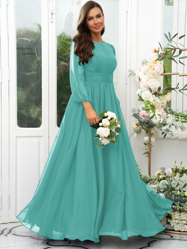 A-Line/Princess 30D Chiffon Ruffles Scoop Long Sleeves Floor-Length Bridesmaid Dresses Mother of the Bride Dress
