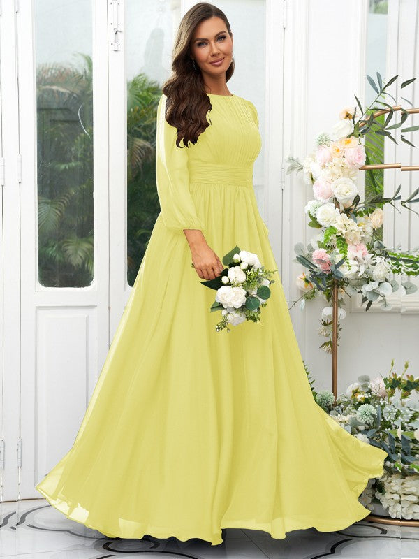 A-Line/Princess 30D Chiffon Ruffles Scoop Long Sleeves Floor-Length Bridesmaid Dresses Mother of the Bride Dress