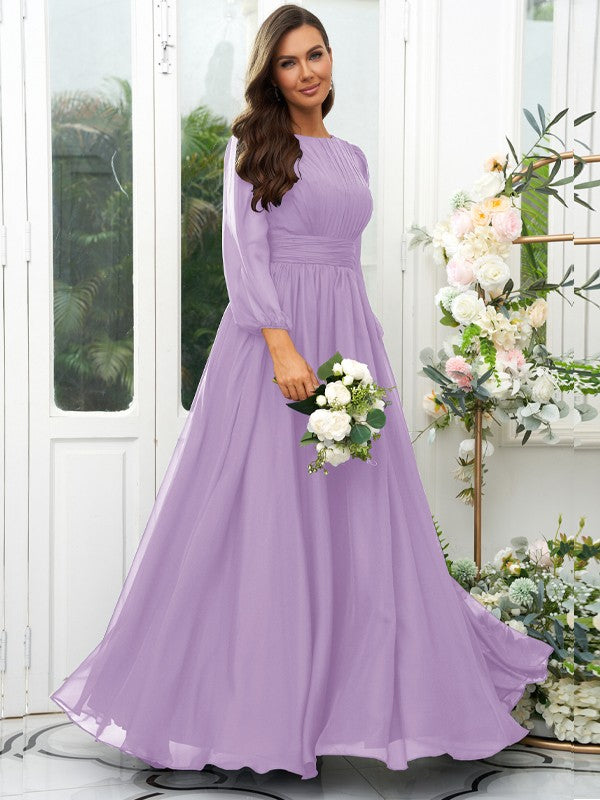 A-Line/Princess 30D Chiffon Ruffles Scoop Long Sleeves Floor-Length Bridesmaid Dresses Mother of the Bride Dress