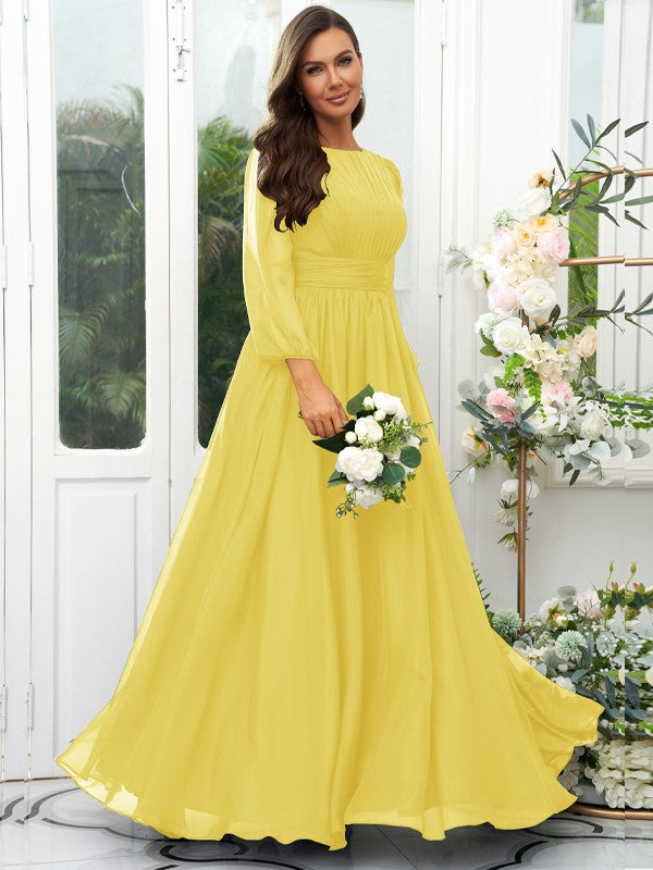 A-Line/Princess 30D Chiffon Ruffles Scoop Long Sleeves Floor-Length Bridesmaid Dresses Mother of the Bride Dress