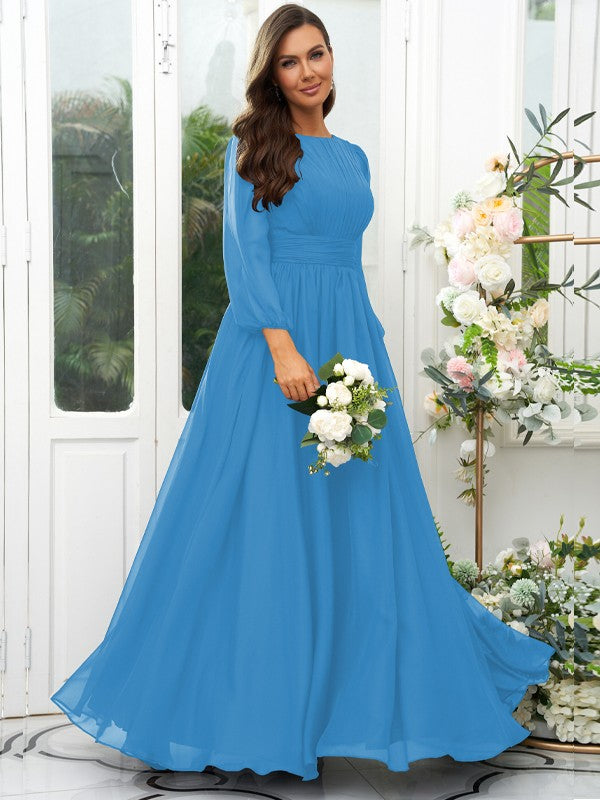 A-Line/Princess 30D Chiffon Ruffles Scoop Long Sleeves Floor-Length Bridesmaid Dresses Mother of the Bride Dress