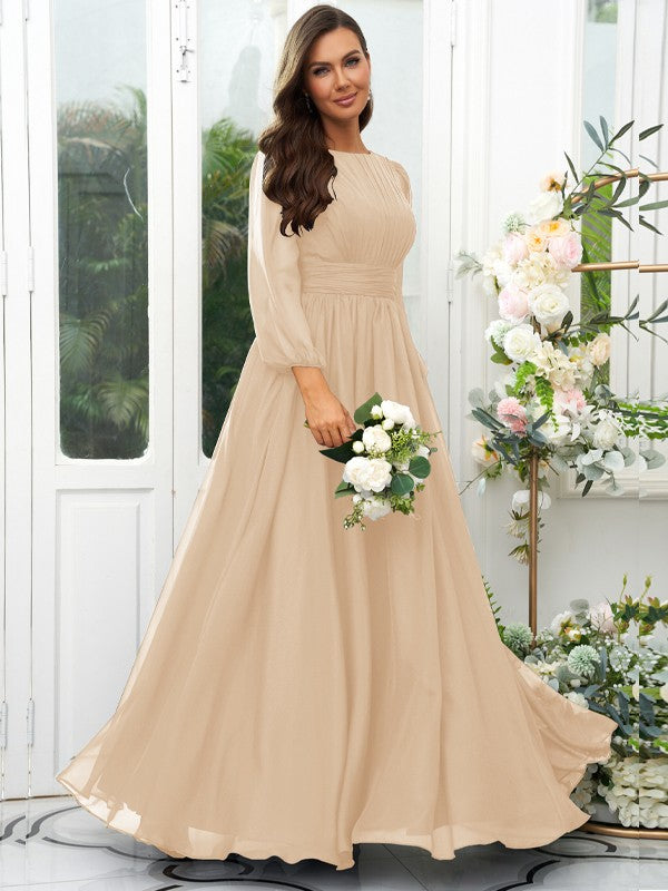 A-Line/Princess 30D Chiffon Ruffles Scoop Long Sleeves Floor-Length Bridesmaid Dresses Mother of the Bride Dress